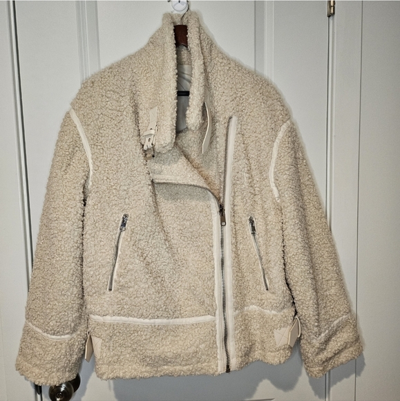 A.N.A Cream Faux Fur Shearling Moto Jacket Teddy Sherpa Coat Belt Zipper XL - Picture 2 of 9